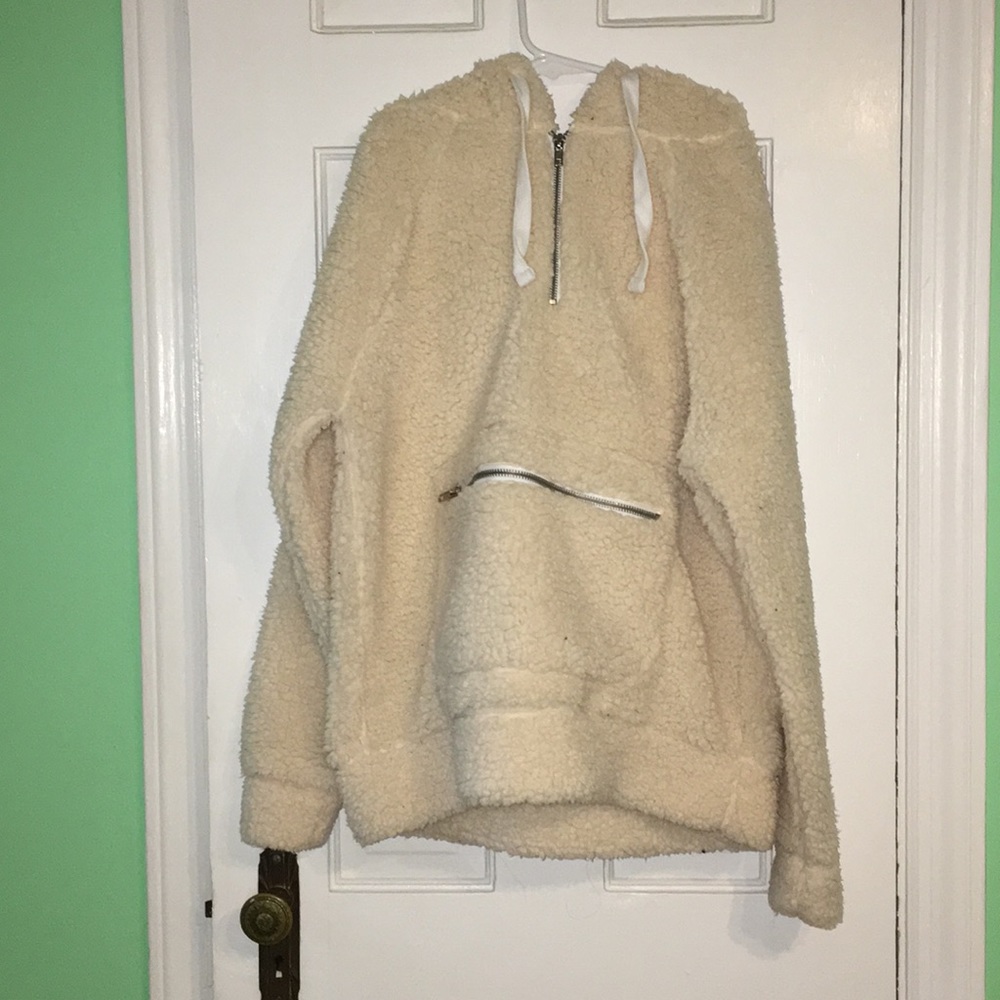 fluffy cream hooded half zip sweatshirt
